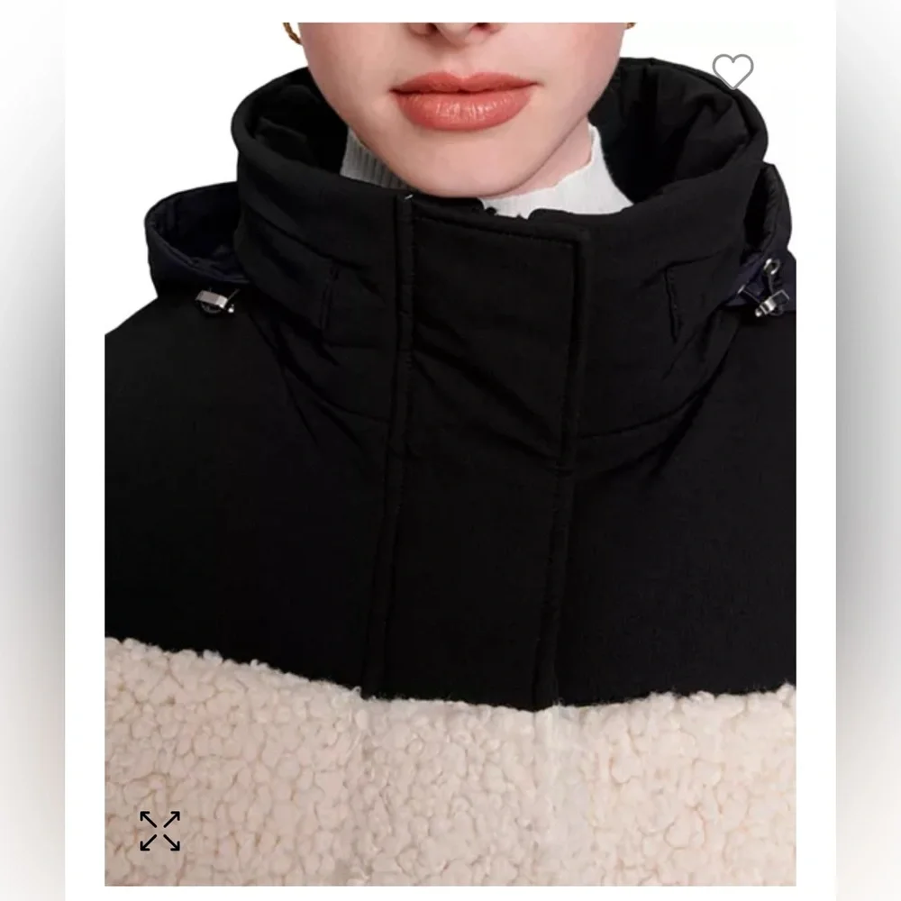 Maje Black Cream High Pile Fleece Faux Shearling Hoodie Puffer Jacket Sz 0 (XS) - Picture 3 of 16